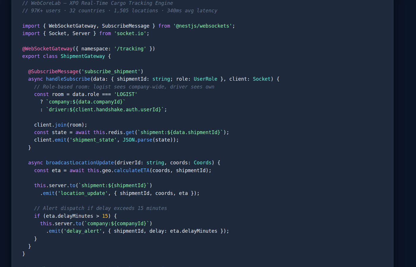 XPO Logistics — TypeScript real-time cargo tracking engine (WebSocket gateway)